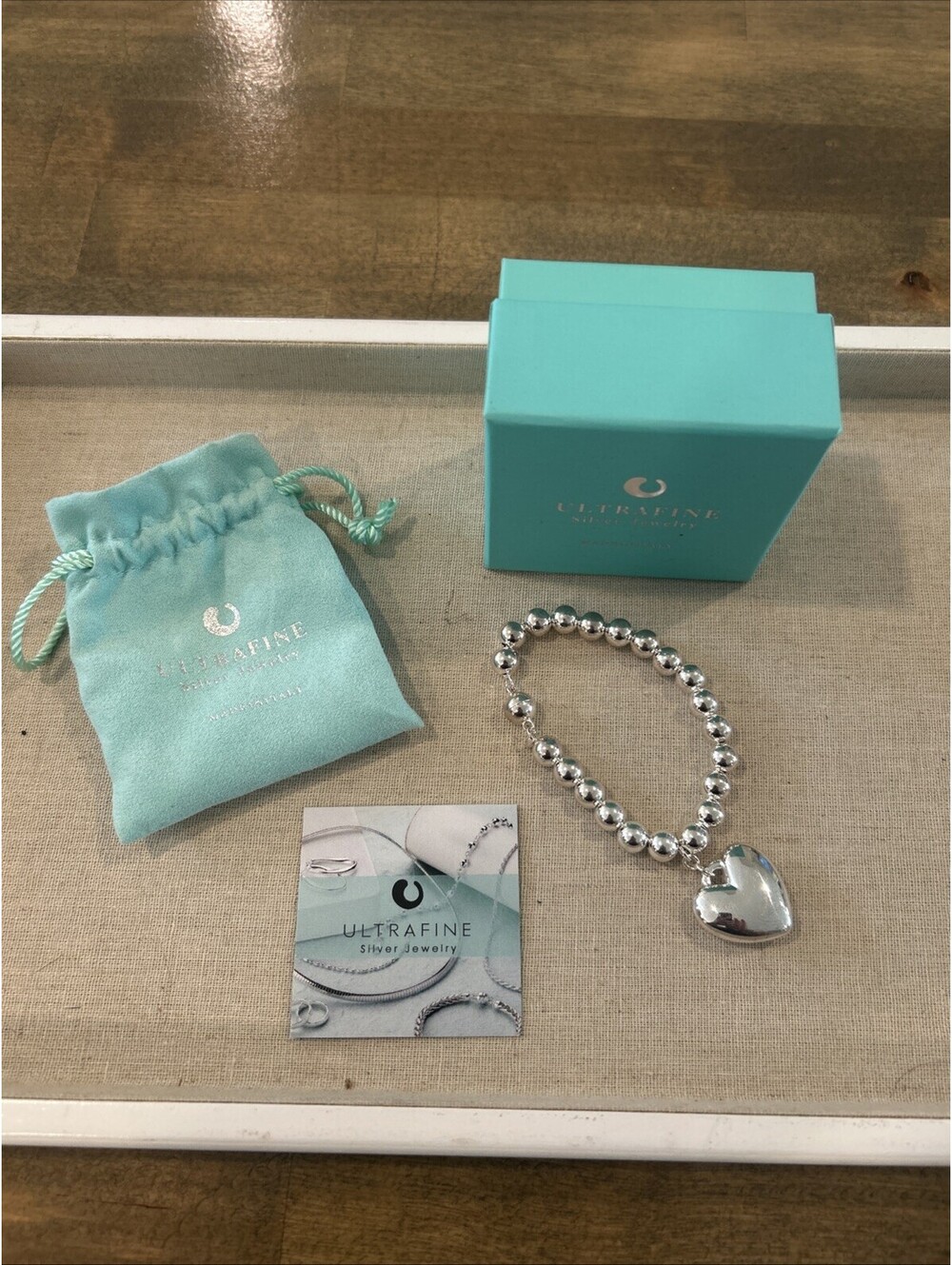 UltraFine 950 Fine Silver Heart Charm Magnetic Beaded Bracelet 7-1/4"